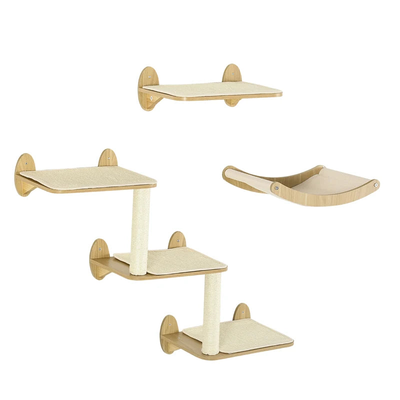 3PC Oak Wall Cat Shelves with Scratching Post & Hammock
