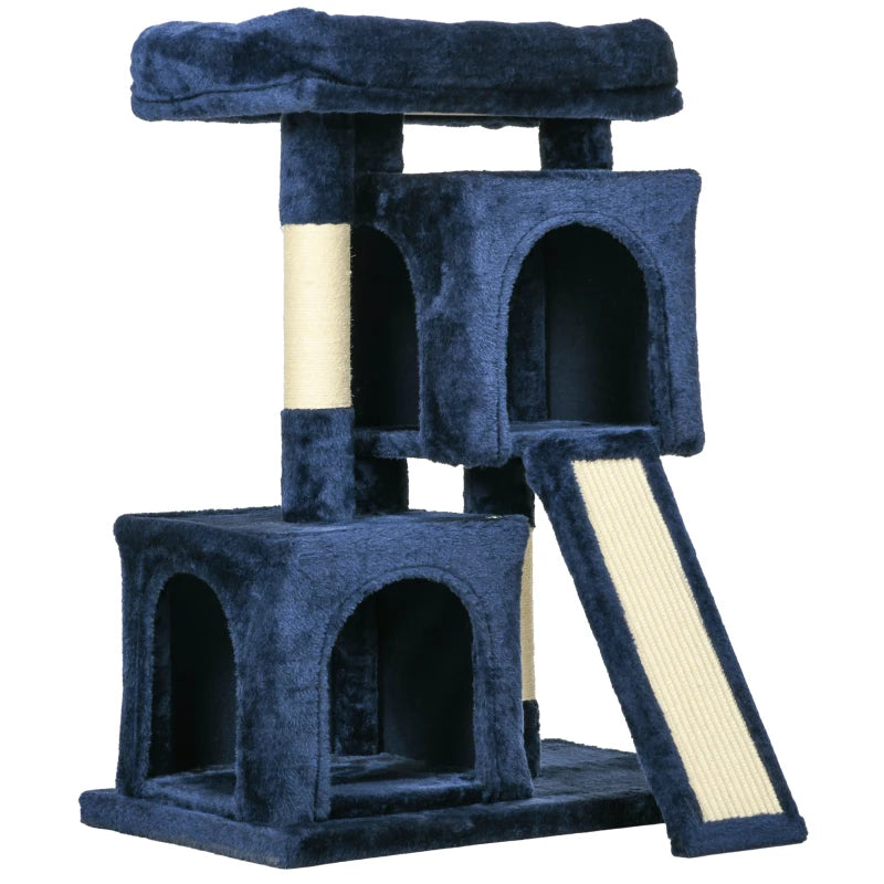 Cat Play Tree with Sisal & 2 Houses – Navy Blue