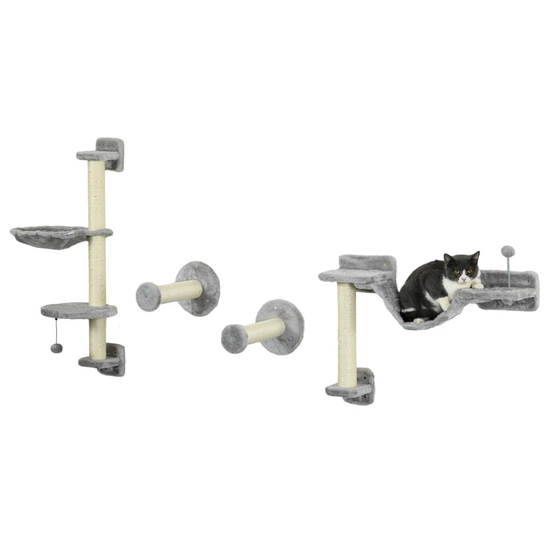 4-Piece Cat Wall Furniture with Hammock & Ladder – Grey
