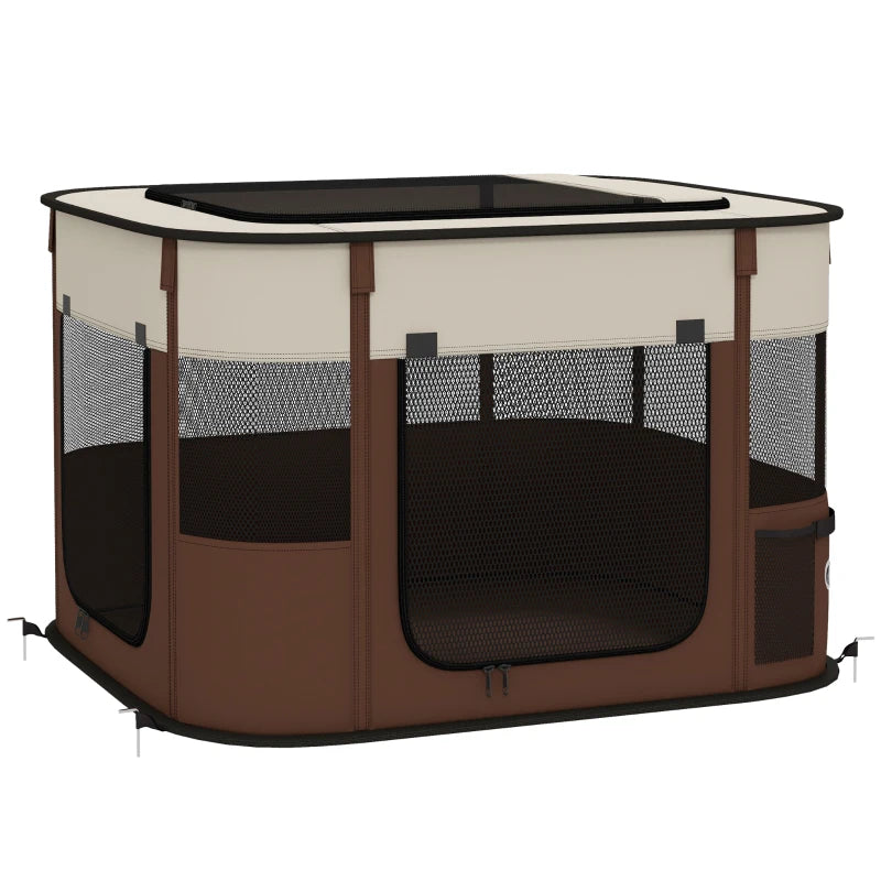 Foldable Pet Pen with Stakes & Storage Bag – Brown