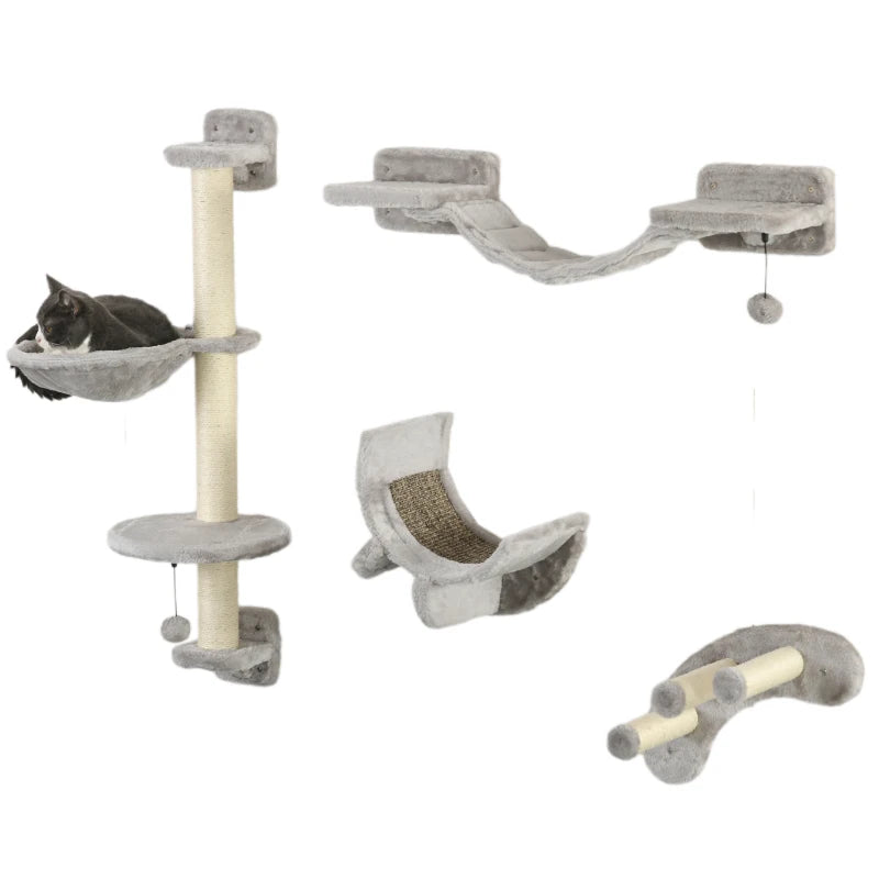 Four-Piece Grey Cat Wall Mounted Furniture with Steps