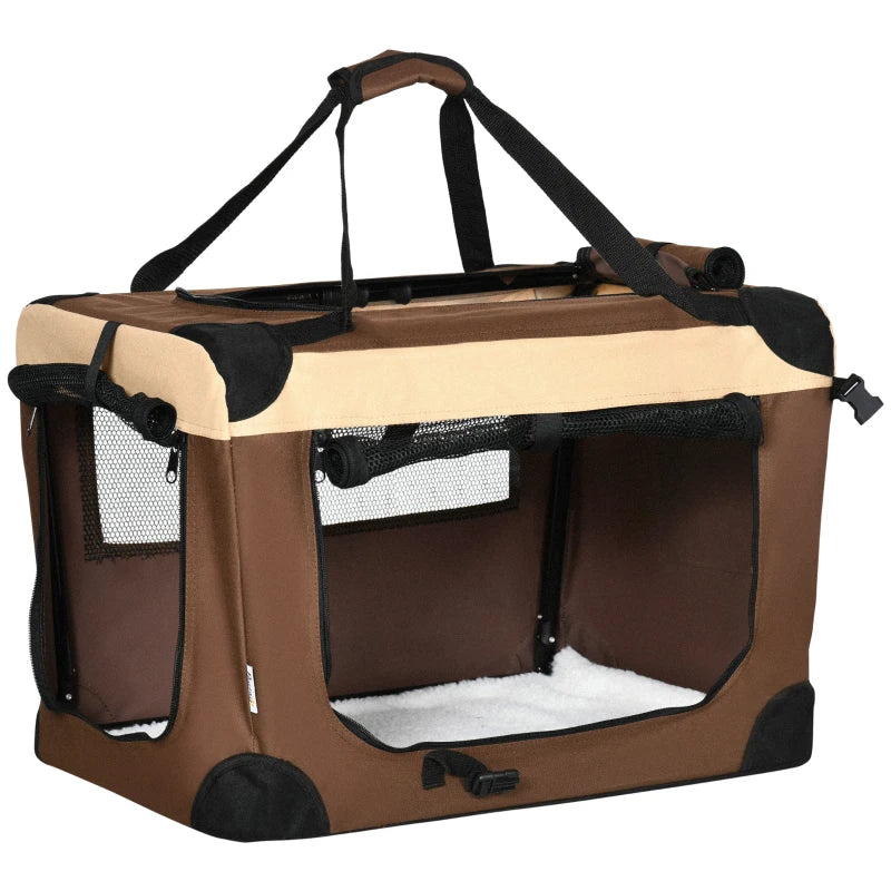 Small Pet Carrier with Cushion – 60cm Foldable, Brown