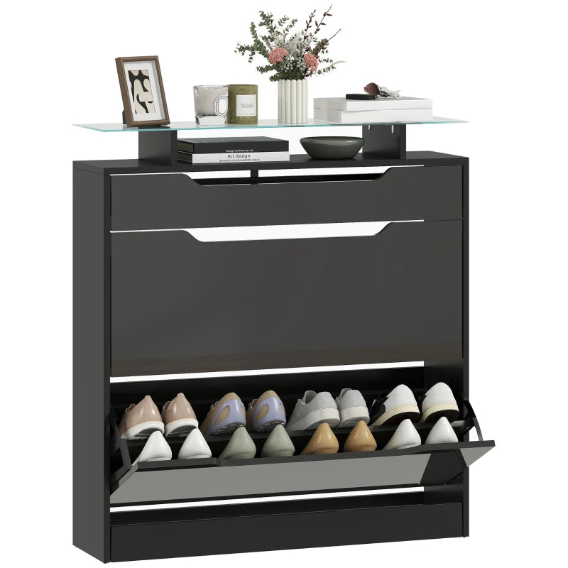 Shoe Storage Cabinet with Drawer, Flip Doors, Glass Top – Black