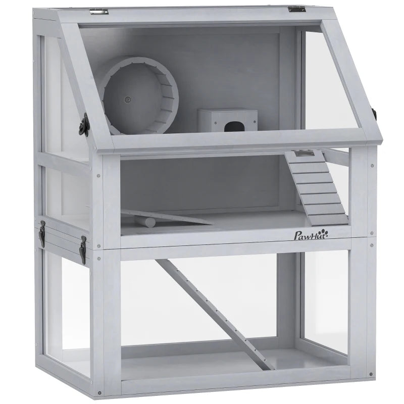 Wooden Hamster Cage Set with Seesaw, Hut & Ramp – Light Grey, 60x40x75cm
