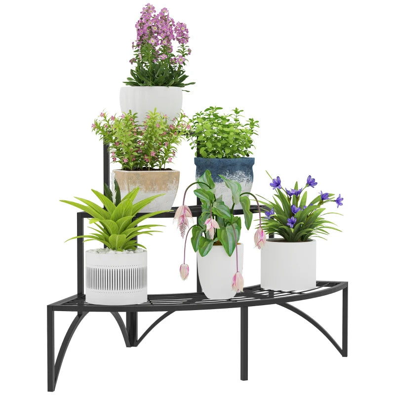 Space-Saving Black Metal Corner Plant Shelf with Three Tiers for Indoor Use