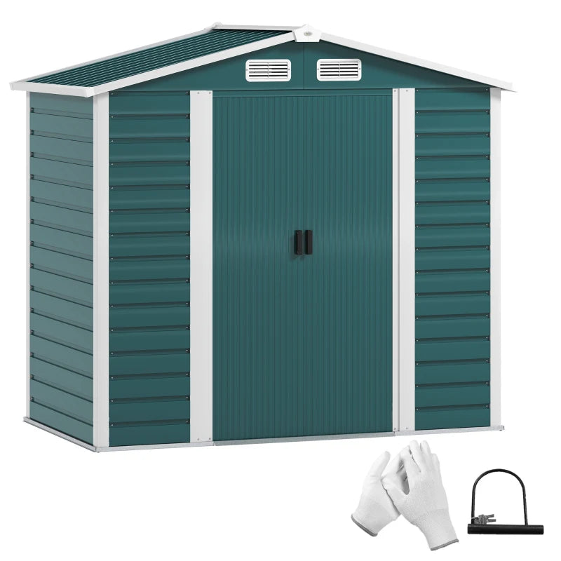 Galvanised Steel Garden Shed with Foundation, Lockable Double Doors & Vents, Green, 7x4ft