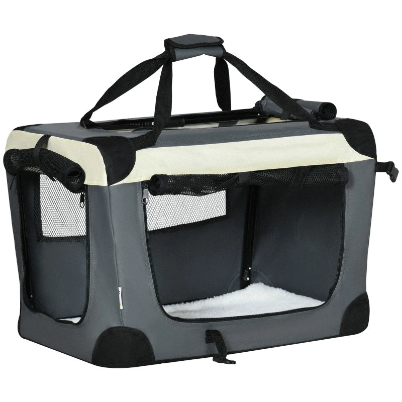 Grey Foldable Pet Carrier with Cushion – 60cm for Small Pets