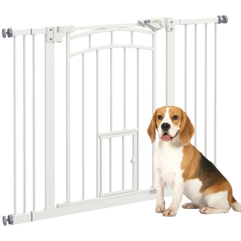 White Pressure Fit Dog Gate with Small Cat Door & Double Locking