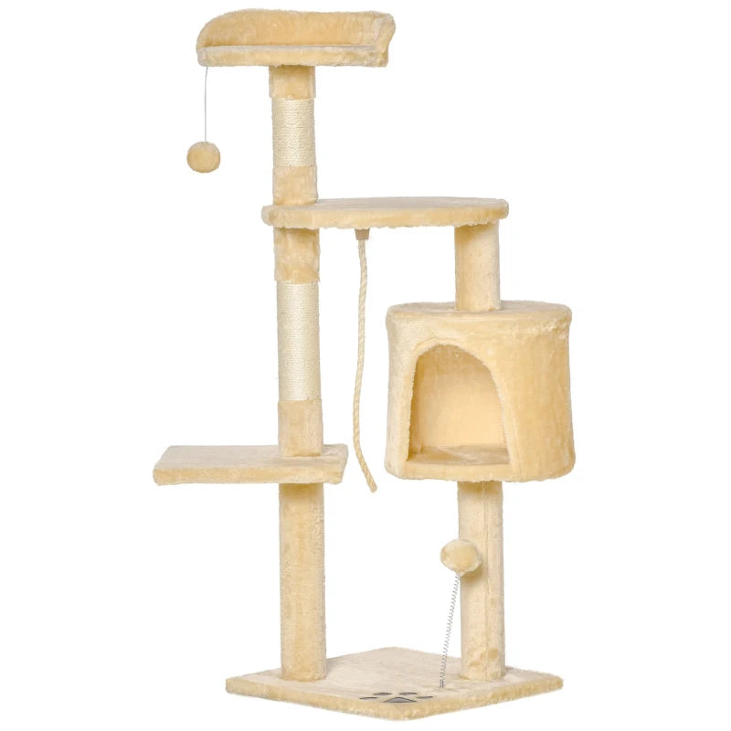 Cat Tree with Scratching Post & Toys – 114cm Tall, Beige