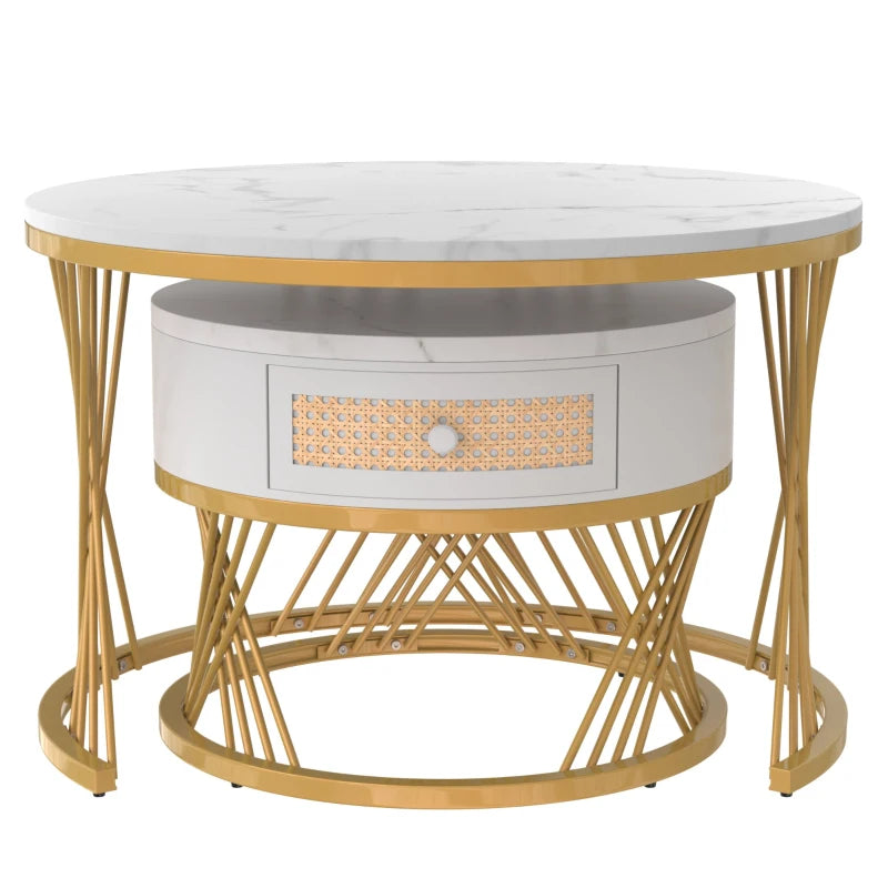 Luxury 2-in-1 Marble Coffee Tables with Storage Drawers & Gold Iron Legs