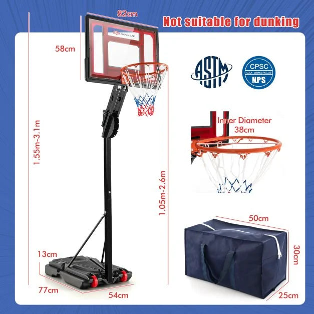 Height-Adjustable Basketball Hoop 1.55–3.1m with Wheels