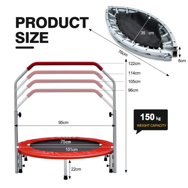 Adult Foldable Trampoline, 101cm with 4-Level Adjustable Handle
