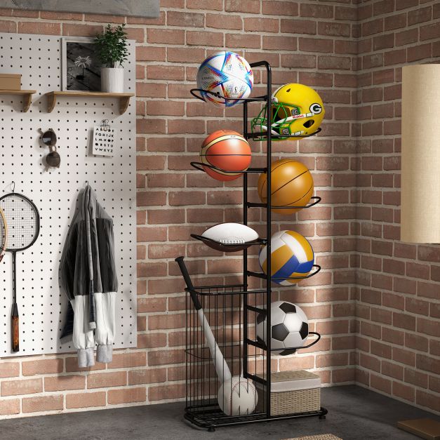 Sports Equipment Storage Rack with Rolling Ball Cart