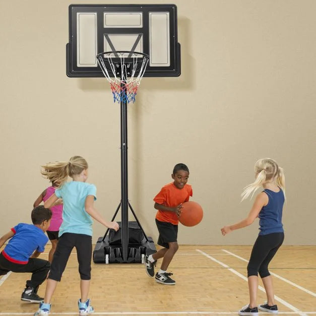 Adjustable 11-Level Basketball Hoop & Goal System with Built-In Wheels