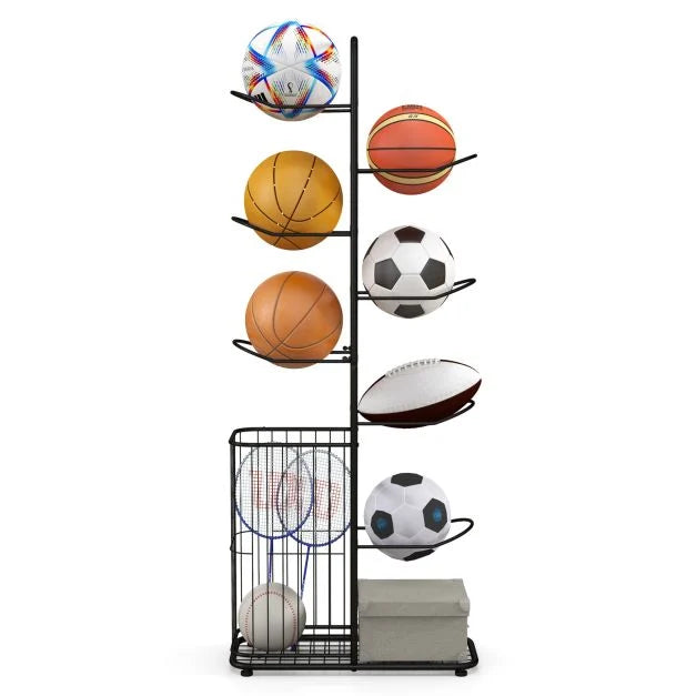 7-Tier Ball Organizer Rack with Removable Rods & Side Basket