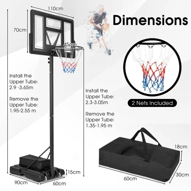 Adjustable 11-Level Basketball Hoop & Goal System with Built-In Wheels