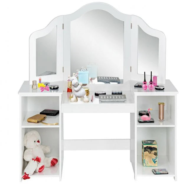 Kids Vanity Table with Foldable Mirror and Built-In Storage Shelf