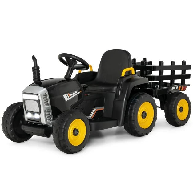 12V Electric Kids Tractor Ride-On with Trailer, LED Lights & Music