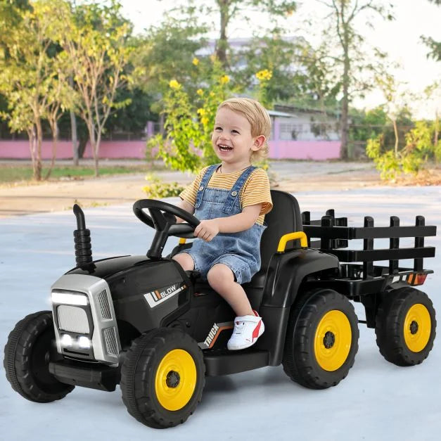 12V Electric Kids Tractor Ride-On with Trailer, LED Lights & Music