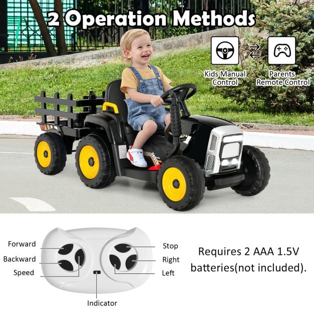 12V Electric Kids Tractor Ride-On with Trailer, LED Lights & Music