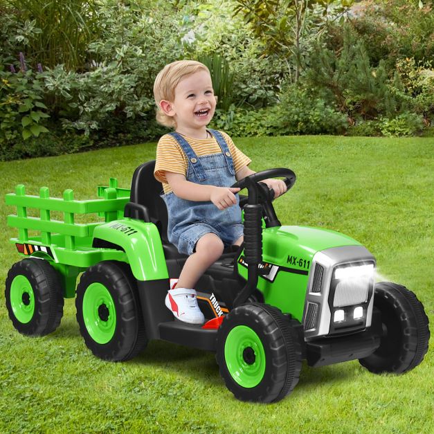 12V Electric Kids Tractor Ride-On with Trailer, LED Lights & Music