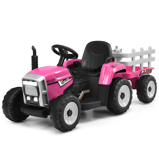 12V Electric Kids Tractor Ride-On with Trailer, LED Lights & Music