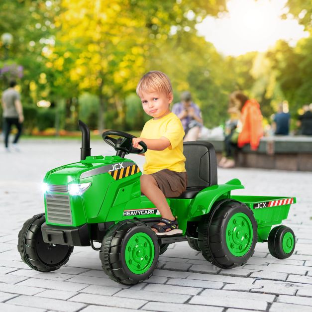 4. Kids 12V Tractor Ride-On Toy with Trailer, Lights, Horn & RC