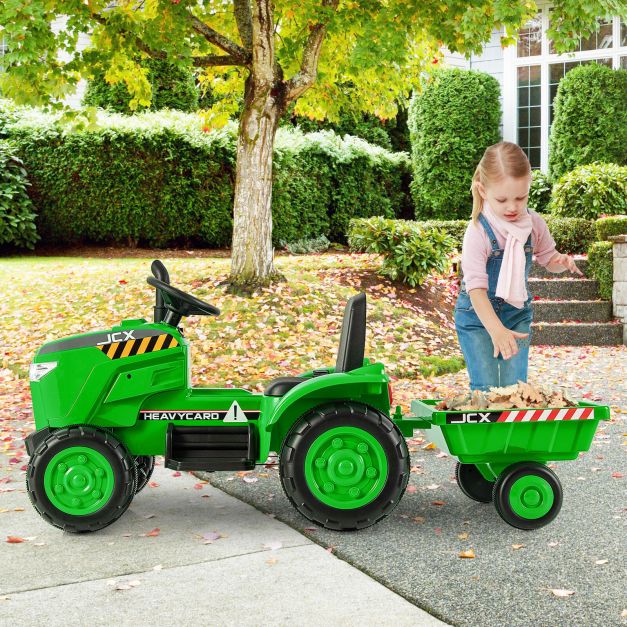 4. Kids 12V Tractor Ride-On Toy with Trailer, Lights, Horn & RC