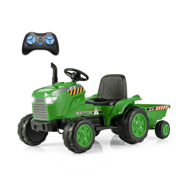 4. Kids 12V Tractor Ride-On Toy with Trailer, Lights, Horn & RC