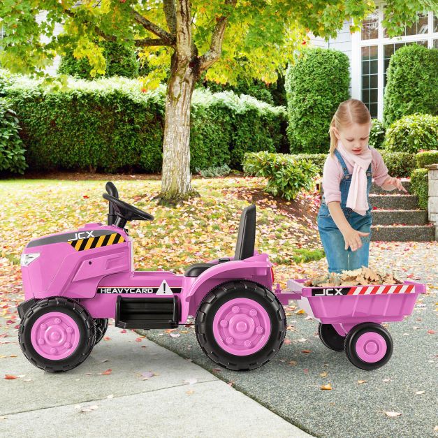 4. Kids 12V Tractor Ride-On Toy with Trailer, Lights, Horn & RC