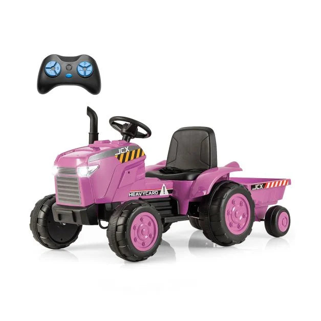4. Kids 12V Tractor Ride-On Toy with Trailer, Lights, Horn & RC