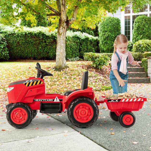 4. Kids 12V Tractor Ride-On Toy with Trailer, Lights, Horn & RC