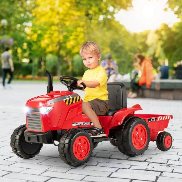 4. Kids 12V Tractor Ride-On Toy with Trailer, Lights, Horn & RC
