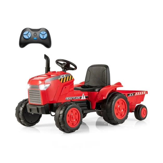 4. Kids 12V Tractor Ride-On Toy with Trailer, Lights, Horn & RC