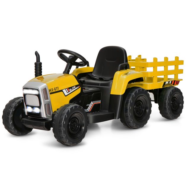 12V Electric Kids Tractor Ride-On with Trailer, LED Lights & Music