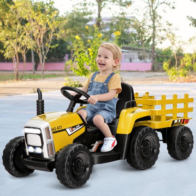 12V Electric Kids Tractor Ride-On with Trailer, LED Lights & Music