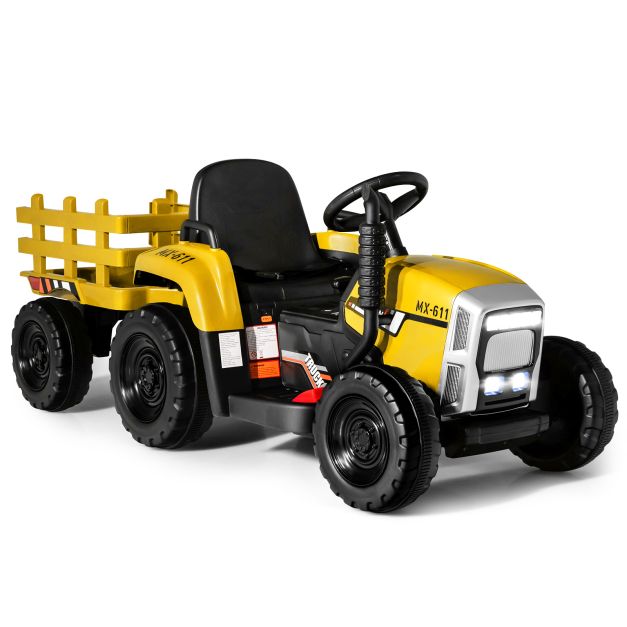 12V Electric Kids Tractor Ride-On with Trailer, LED Lights & Music
