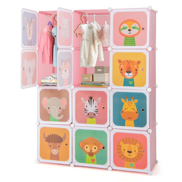 12-Cube Portable Kids Wardrobe with Hanging Section for Clothes
