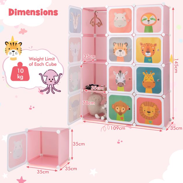 12-Cube Portable Kids Wardrobe with Hanging Section for Clothes