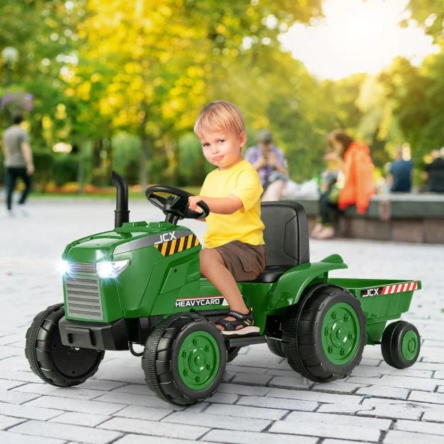 4. Kids 12V Tractor Ride-On Toy with Trailer, Lights, Horn & RC