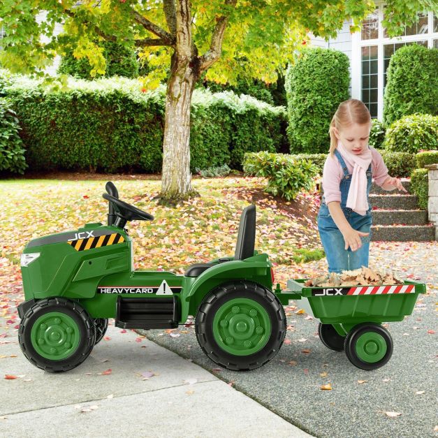 4. Kids 12V Tractor Ride-On Toy with Trailer, Lights, Horn & RC