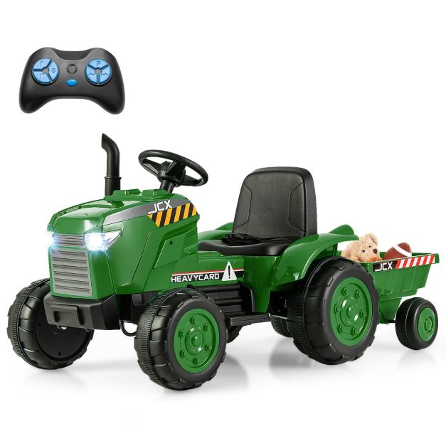 4. Kids 12V Tractor Ride-On Toy with Trailer, Lights, Horn & RC