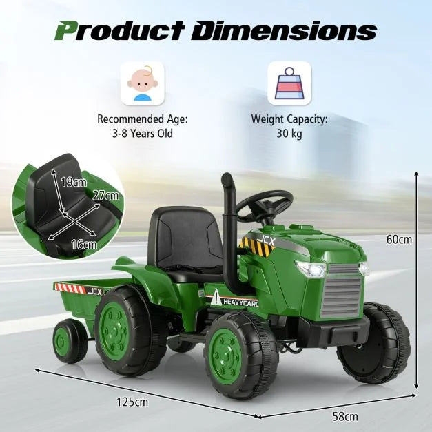 4. Kids 12V Tractor Ride-On Toy with Trailer, Lights, Horn & RC