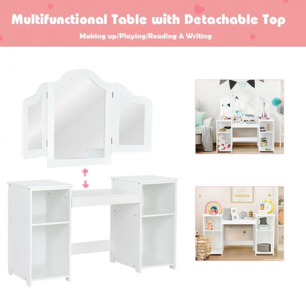 Kids Vanity Table with Foldable Mirror and Built-In Storage Shelf