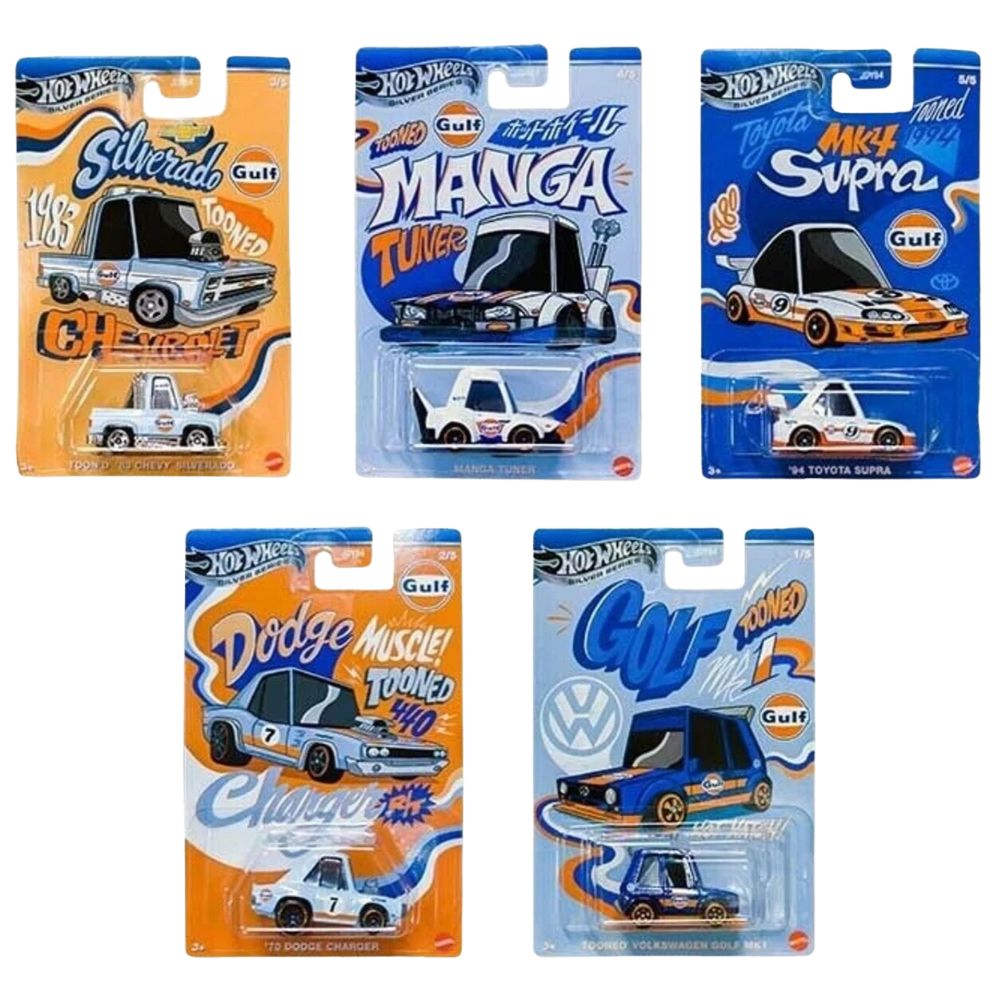 Hot Wheels Tooned Gulf Silver Series 1:64 Die-Cast Cars Volkswagen Toyota & Chevrolet Models Collectible Toy Vehicles