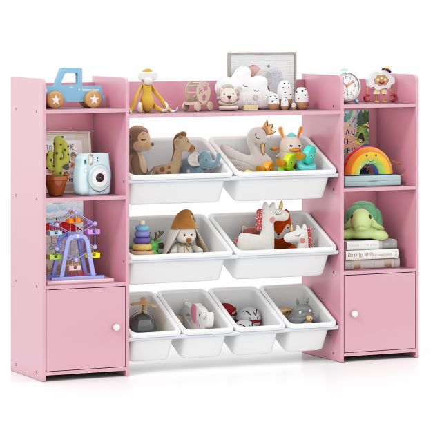 Large 142 cm Toy Storage Organizer with Bookshelf and 8 Removable Bins