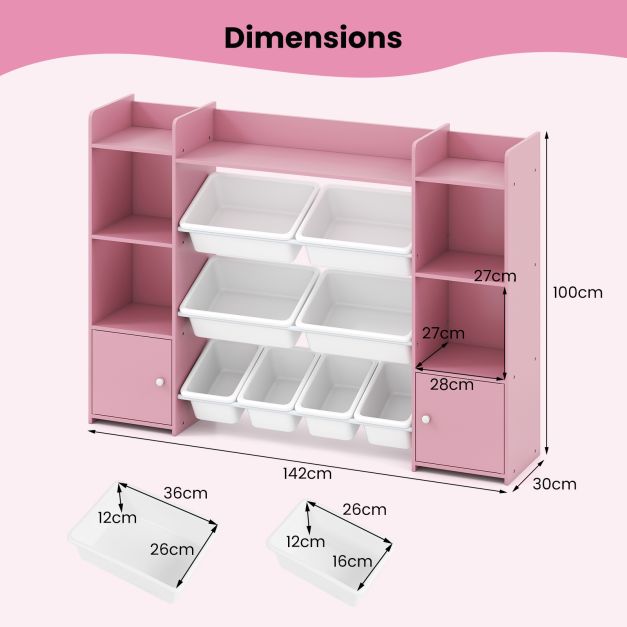 Large 142 cm Toy Storage Organizer with Bookshelf and 8 Removable Bins