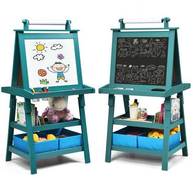 Kids Double-Sided Art Easel with Built-In Paper Roll for Creative Play
