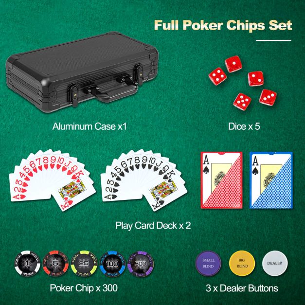 300-Piece 14g Texas Hold’em Poker Chip Set with Dealer Buttons & Dice