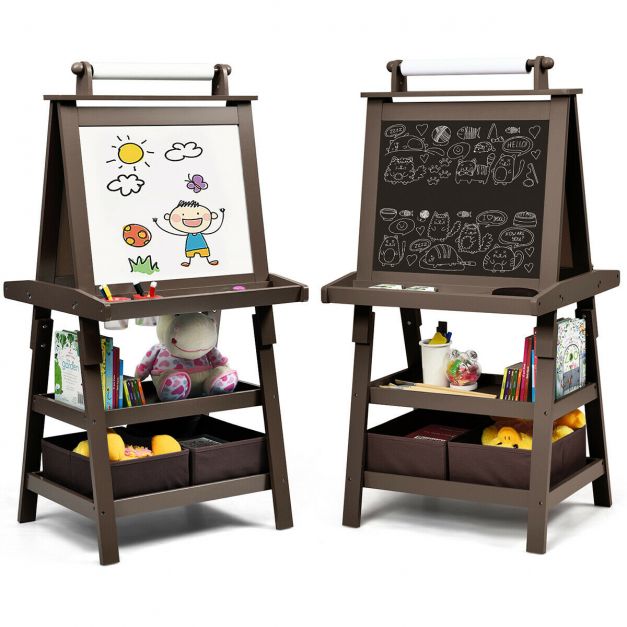 Kids Double-Sided Art Easel with Built-In Paper Roll for Creative Play